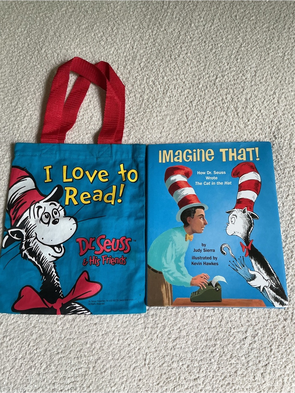 Dr. Seuss Blue and Red I Love to Read Tote with Imagine That! Book